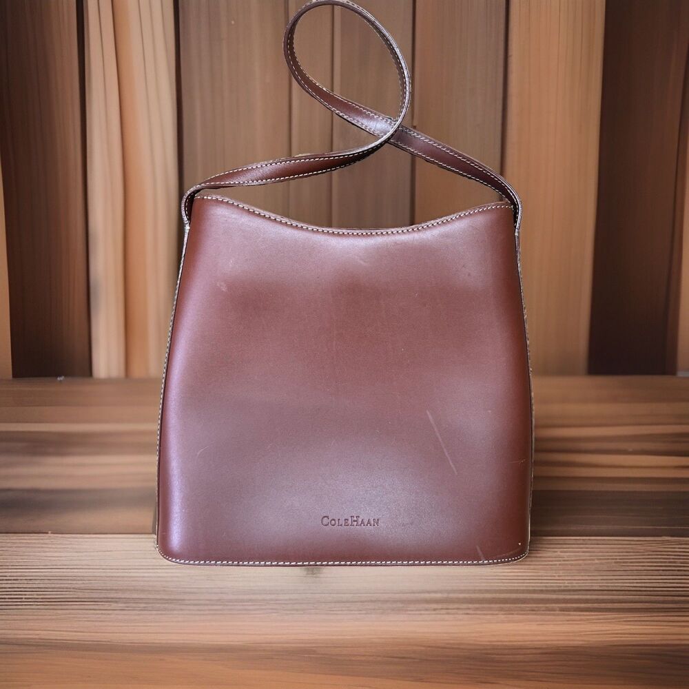 Cole Haan Brown Leather Hobo Bucket Bag Purse snap Closure Vintage With Dust Bag